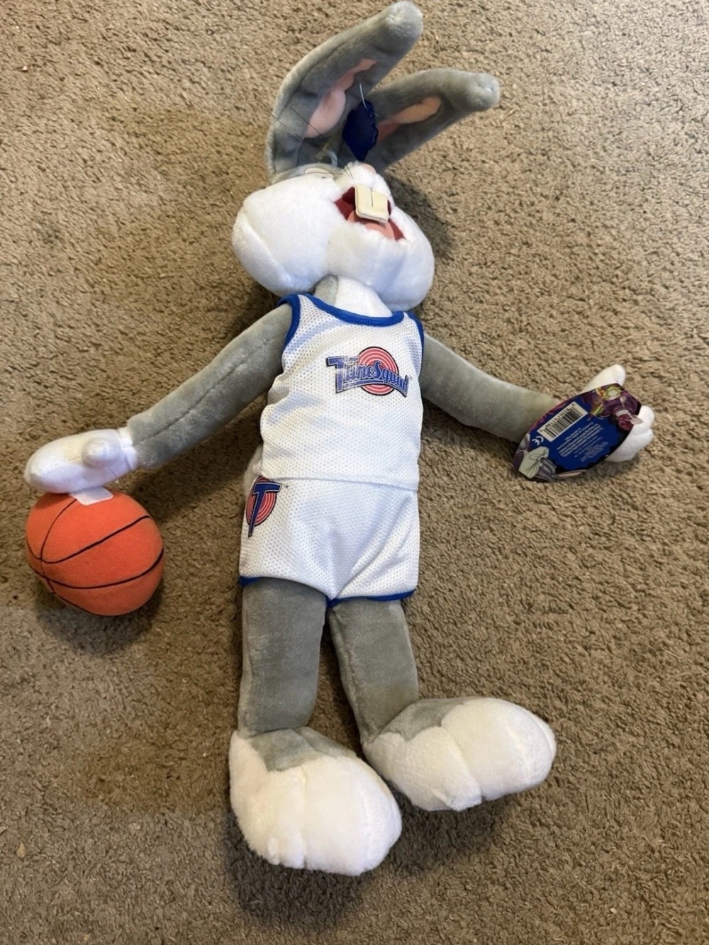 Vintage 1996 Looney Tunes Bugs Bunny Plush with White/Gray Tune Squad Jersey